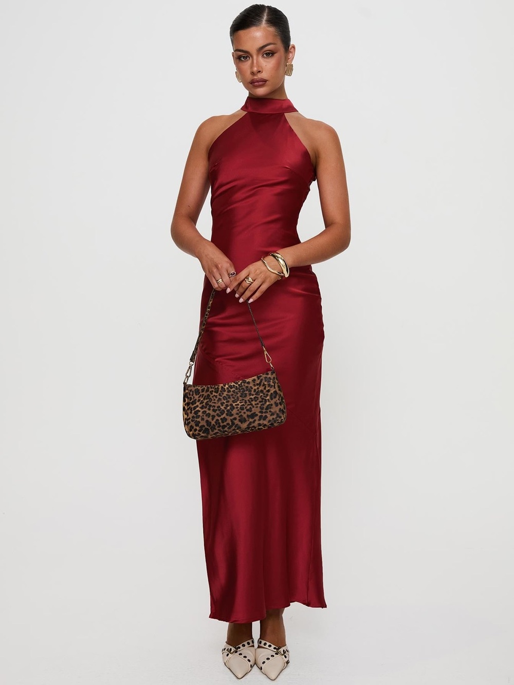 Red Mock Neck Satin Evening Dress